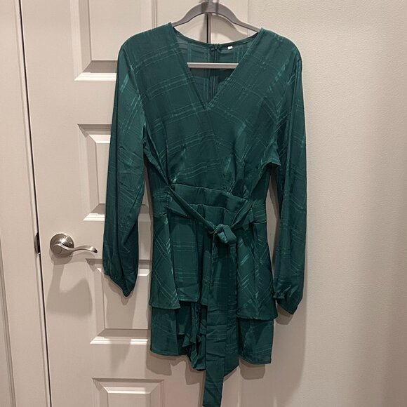 Dark Green Plaid Romper - Picture 1 of 11